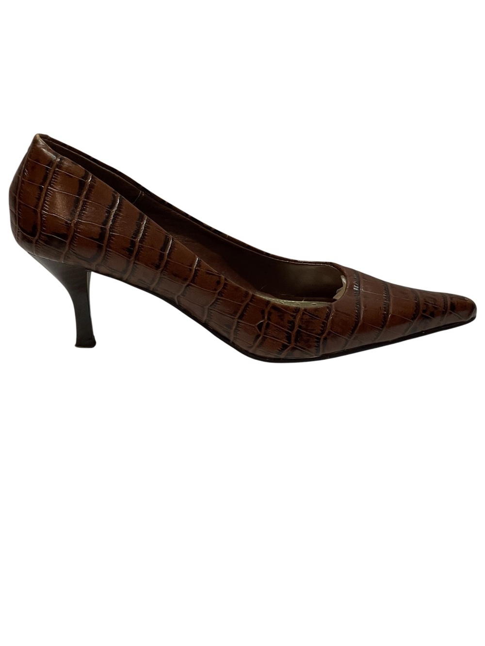 Nine & Company Pointed-Toe Croc-Embossed Brown Leather Mid Heel Pumps SZ 6.5 MED